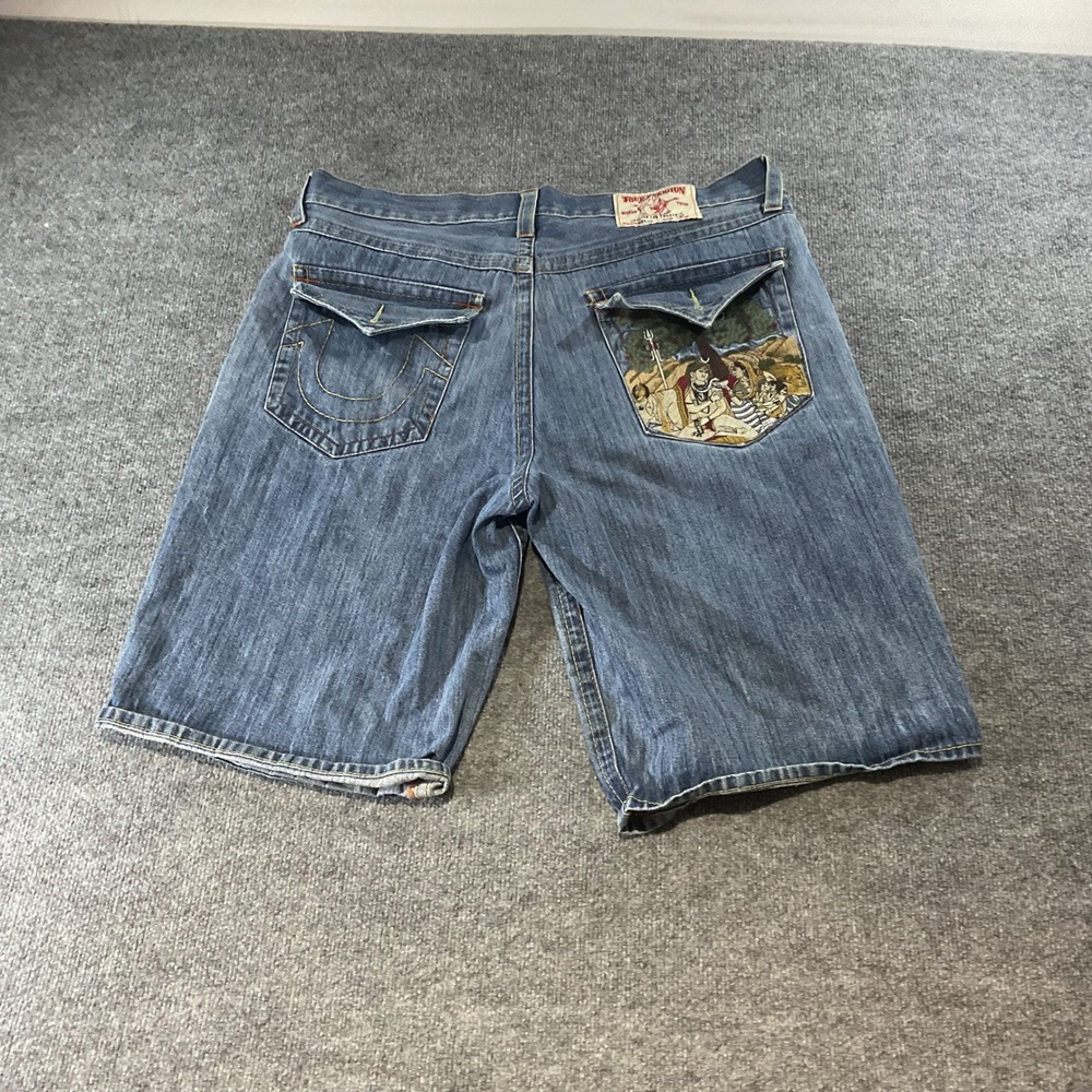 True Religion Billy Mens Denim Shorts 42 Blue Medium Wash Graphic Pocket Art